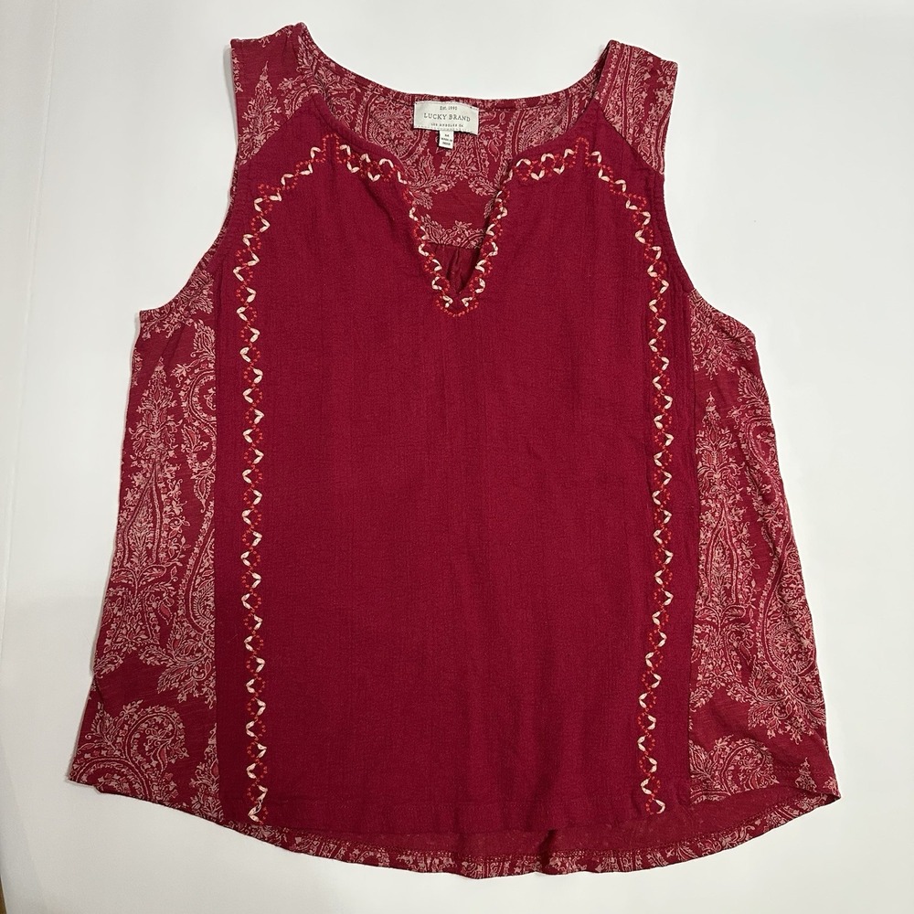 Lucky Brand Red Paisley Embroidered Boho Tank Top Womens Medium Made India